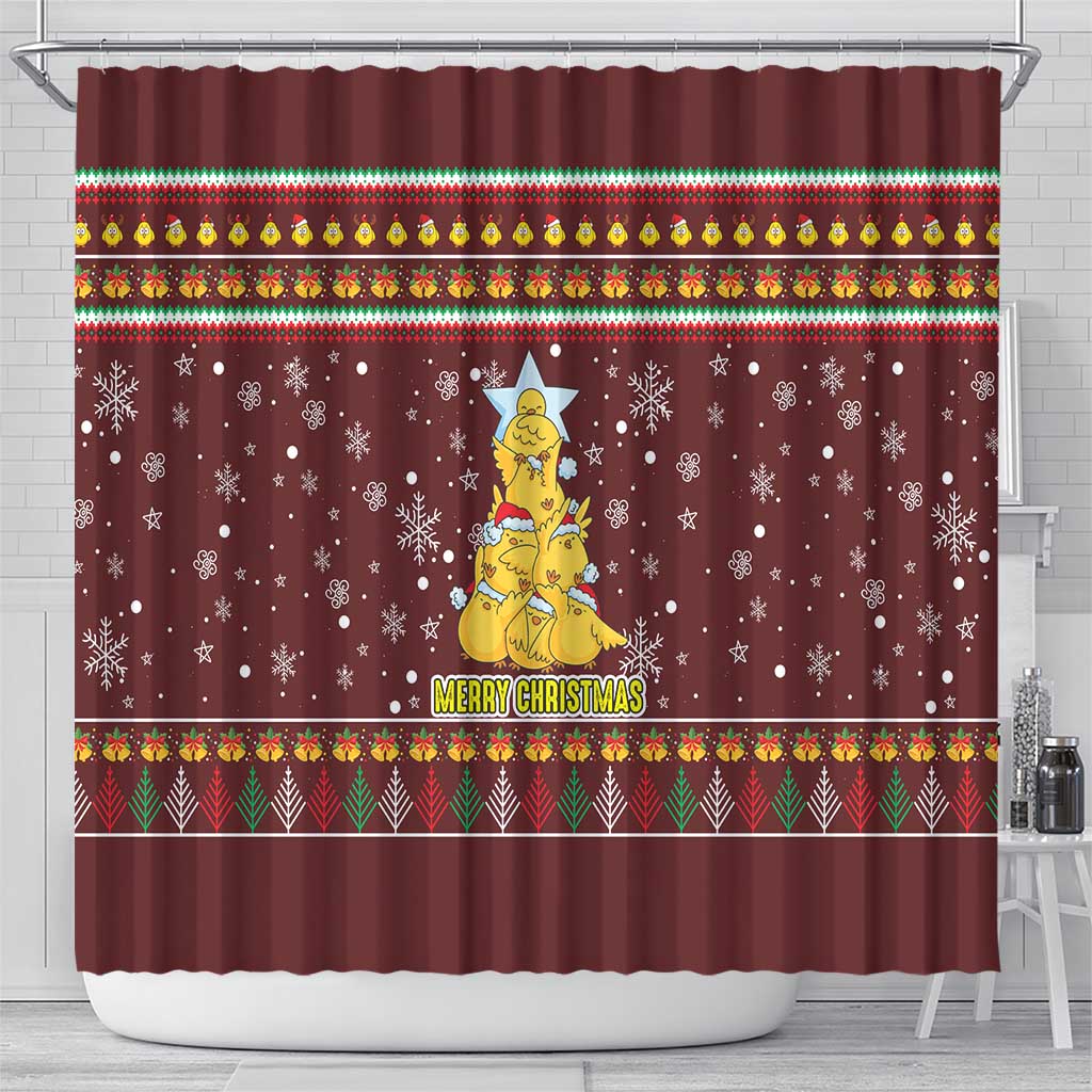 Merry Chickmas Christmas Shower Curtain with Yellow Chickens Tree Design and Snowflake Pattern - Wonder Print Shop