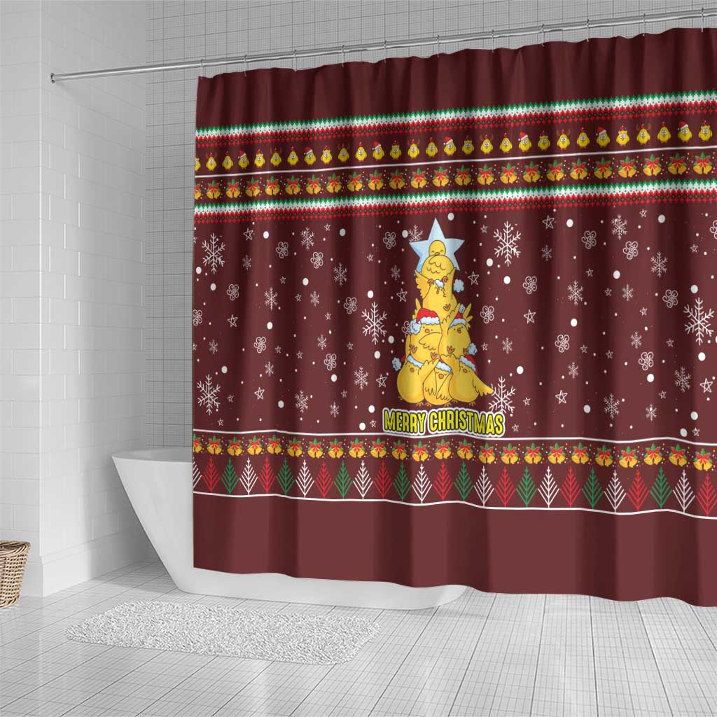Merry Chickmas Christmas Shower Curtain with Yellow Chickens Tree Design and Snowflake Pattern - Wonder Print Shop