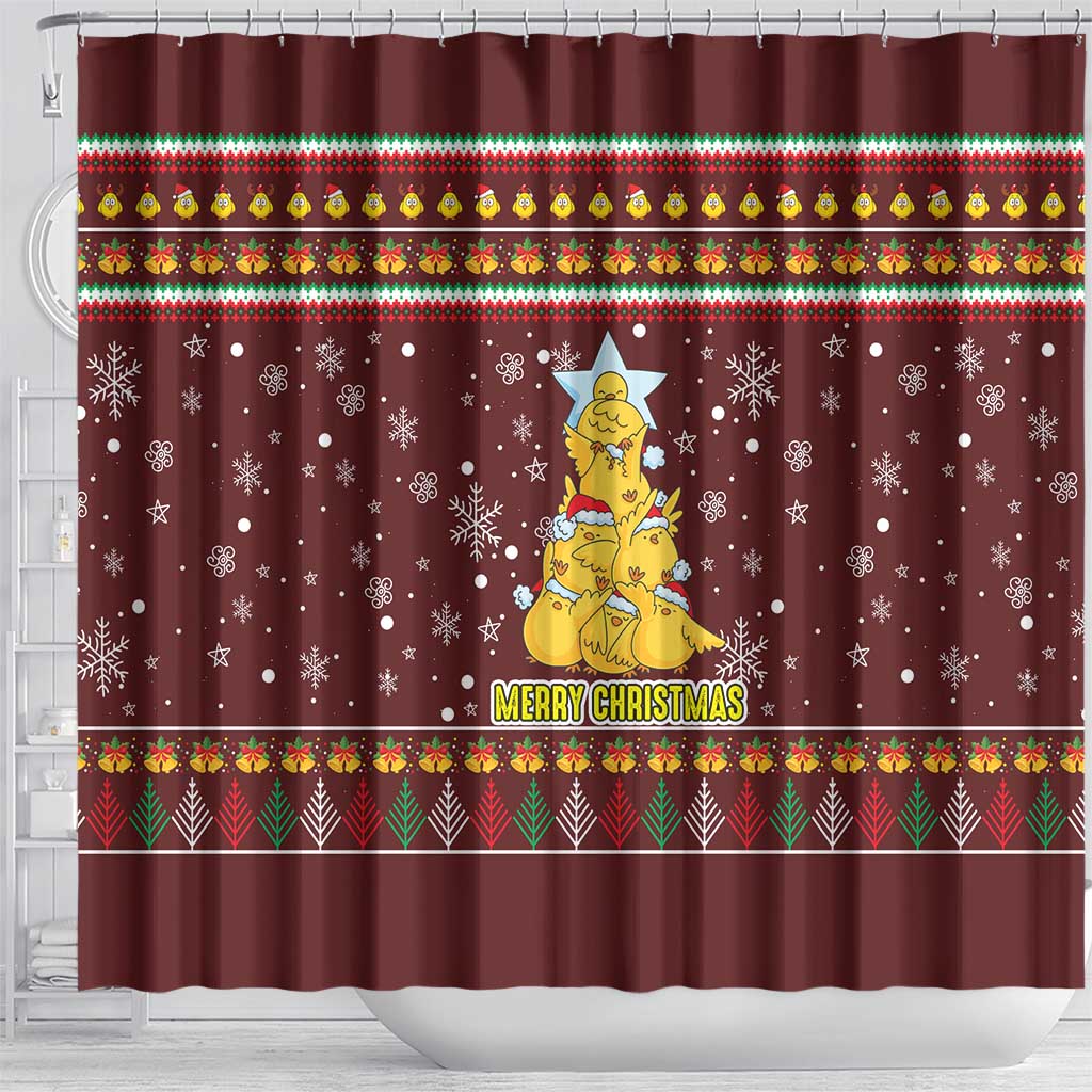 Merry Chickmas Christmas Shower Curtain with Yellow Chickens Tree Design and Snowflake Pattern - Wonder Print Shop