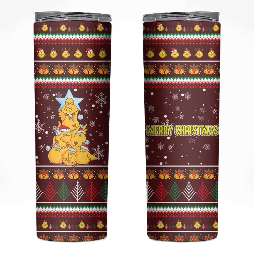 Merry Chickmas Christmas Skinny Tumbler with Yellow Chickens Tree Design and Snowflake Pattern - Wonder Print Shop