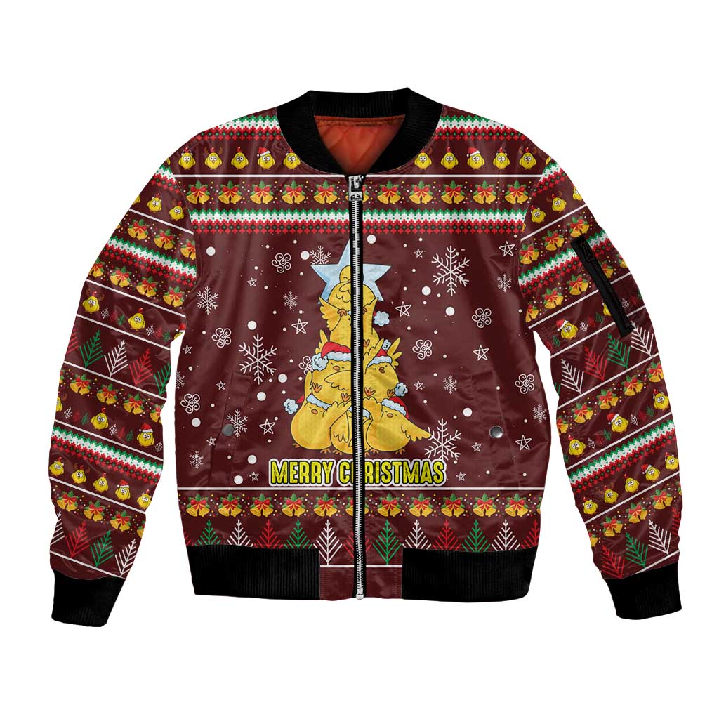 Merry Chickmas Christmas Sleeve Zip Bomber Jacket with Yellow Chickens Tree Design and Snowflake Pattern - Wonder Print Shop