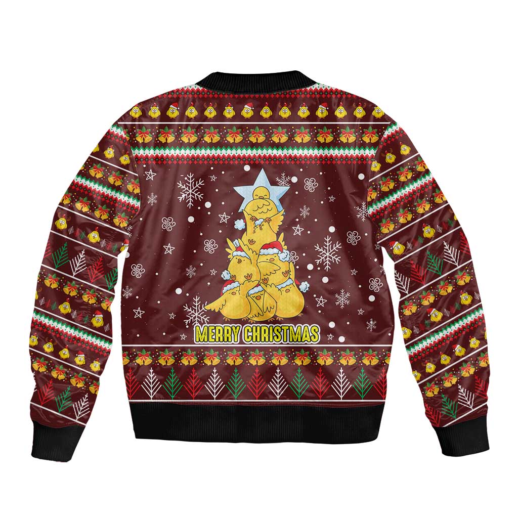 Merry Chickmas Christmas Sleeve Zip Bomber Jacket with Yellow Chickens Tree Design and Snowflake Pattern - Wonder Print Shop