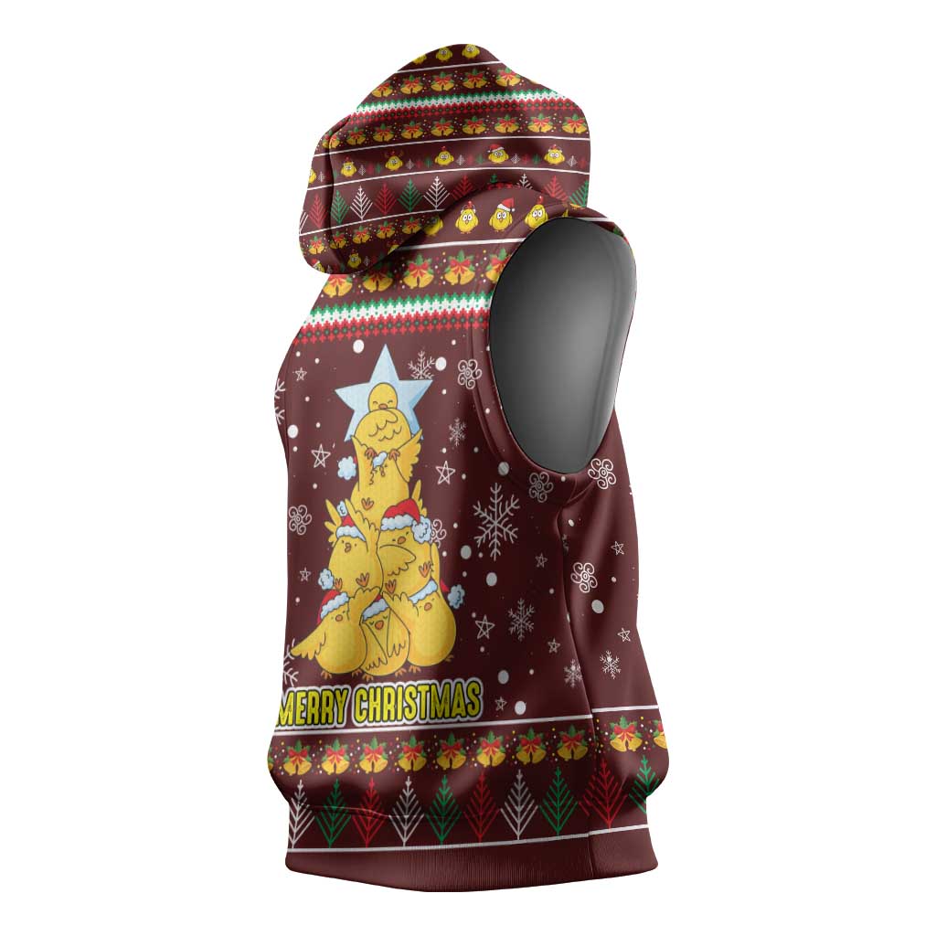 Merry Chickmas Christmas Sleeveless Hoodie with Yellow Chickens Tree Design and Snowflake Pattern - Wonder Print Shop