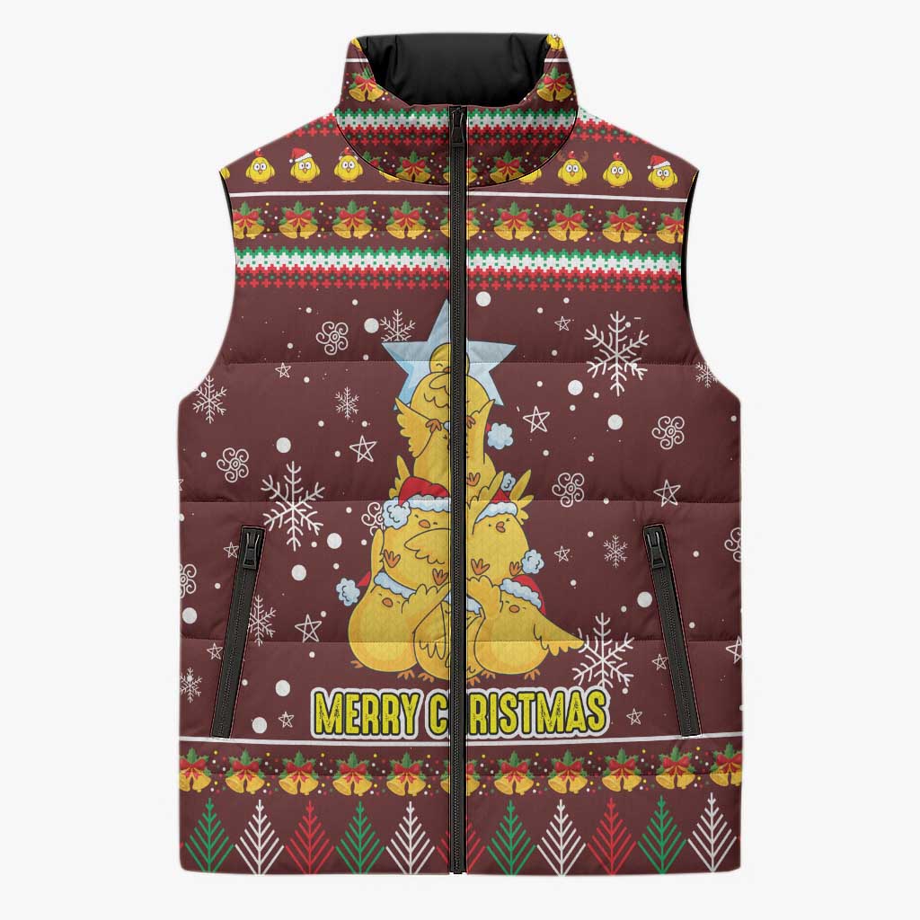 Merry Chickmas Christmas Sleeveless Puffer Jacket with Yellow Chickens Tree Design and Snowflake Pattern - Wonder Print Shop