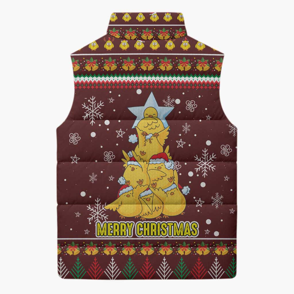 Merry Chickmas Christmas Sleeveless Puffer Jacket with Yellow Chickens Tree Design and Snowflake Pattern - Wonder Print Shop