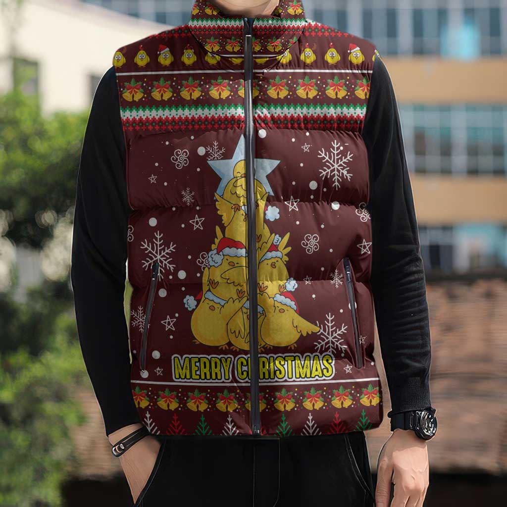 Merry Chickmas Christmas Sleeveless Puffer Jacket with Yellow Chickens Tree Design and Snowflake Pattern - Wonder Print Shop