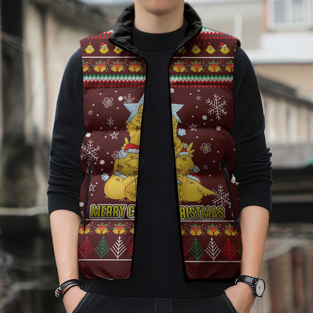 Merry Chickmas Christmas Sleeveless Puffer Jacket with Yellow Chickens Tree Design and Snowflake Pattern - Wonder Print Shop
