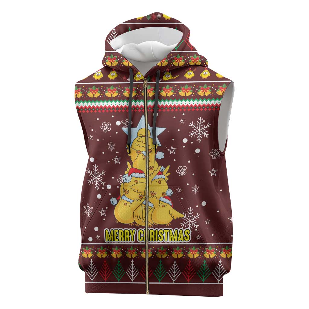 Merry Chickmas Christmas Sleeveless Zip Hoodie with Yellow Chickens Tree Design and Snowflake Pattern - Wonder Print Shop