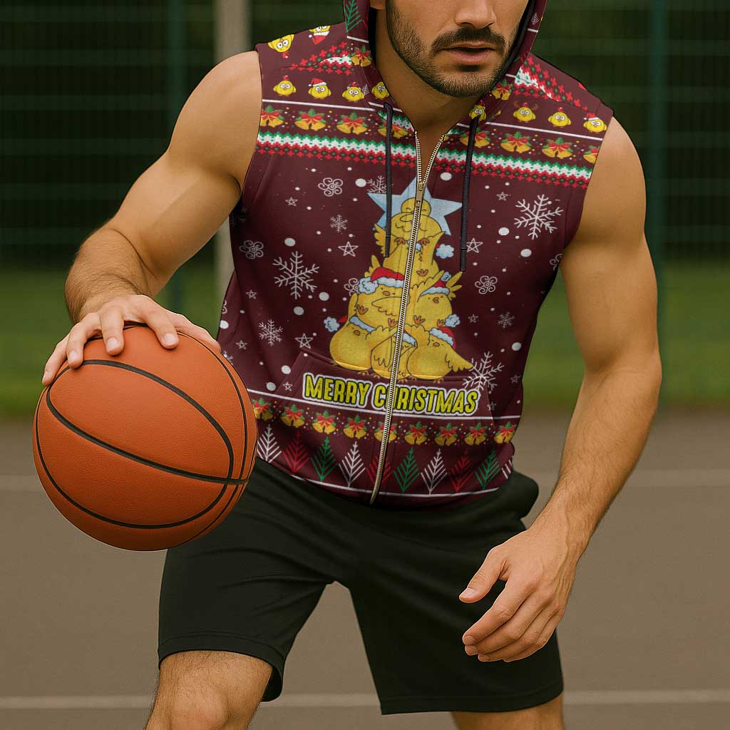 Merry Chickmas Christmas Sleeveless Zip Hoodie with Yellow Chickens Tree Design and Snowflake Pattern - Wonder Print Shop