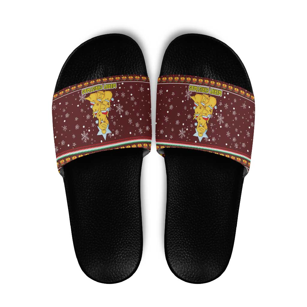 Merry Chickmas Christmas Slide Sandals with Yellow Chickens Tree Design and Snowflake Pattern - Wonder Print Shop