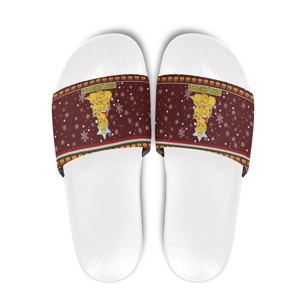 Merry Chickmas Christmas Slide Sandals with Yellow Chickens Tree Design and Snowflake Pattern - Wonder Print Shop