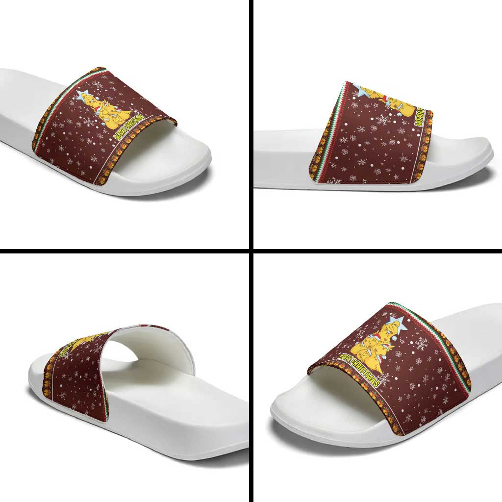 Merry Chickmas Christmas Slide Sandals with Yellow Chickens Tree Design and Snowflake Pattern - Wonder Print Shop