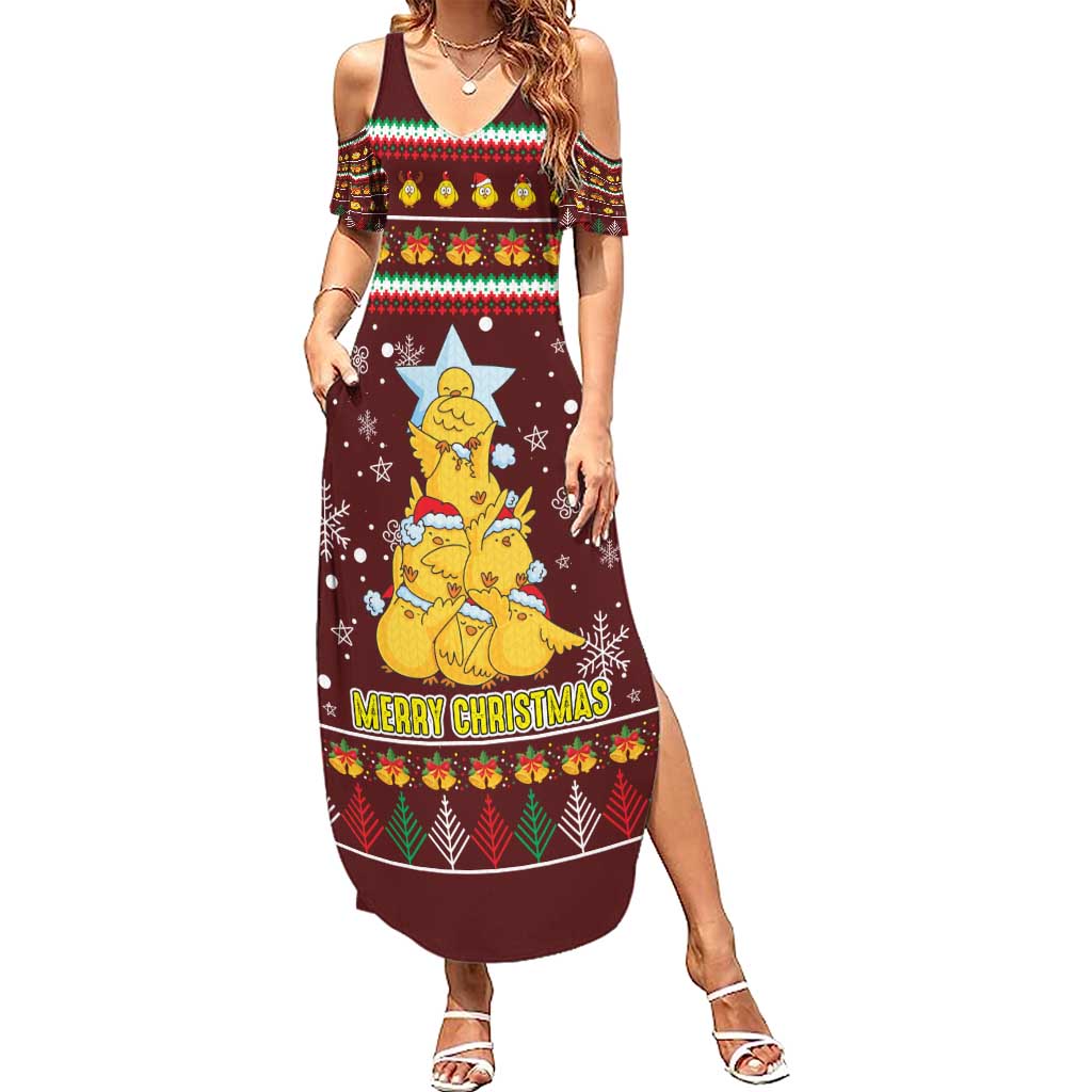 Merry Chickmas Christmas Summer Maxi Dress with Yellow Chickens Tree Design and Snowflake Pattern - Wonder Print Shop