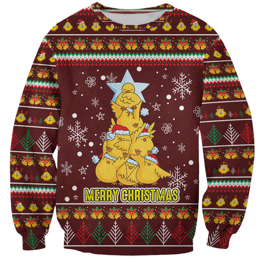 Merry Chickmas Christmas Sweatshirt with Yellow Chickens Tree Design and Snowflake Pattern - Wonder Print Shop