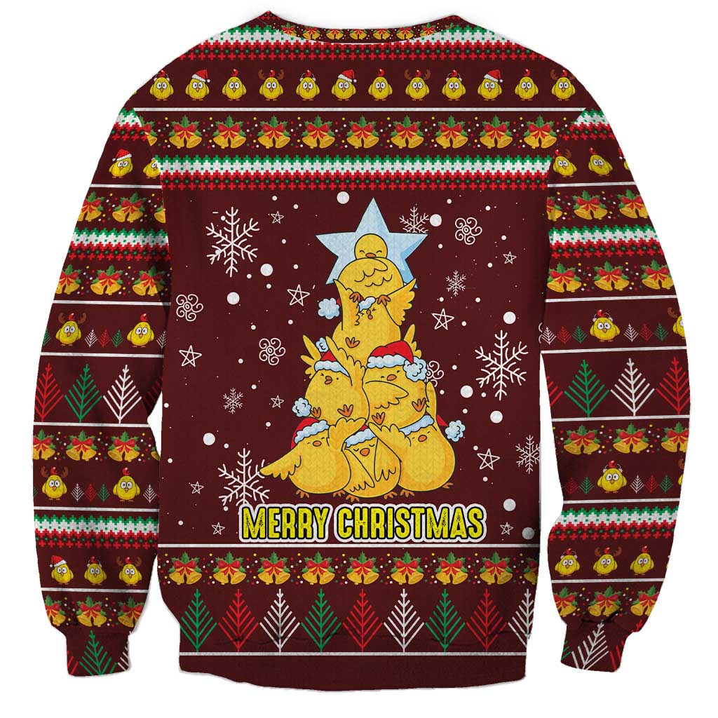 Merry Chickmas Christmas Sweatshirt with Yellow Chickens Tree Design and Snowflake Pattern - Wonder Print Shop