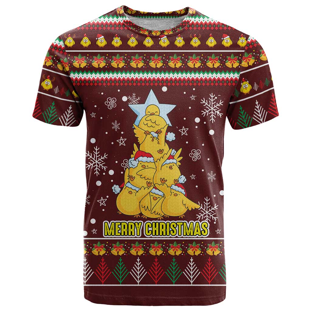 Merry Chickmas Christmas T Shirt with Yellow Chickens Tree Design and Snowflake Pattern - Wonder Print Shop