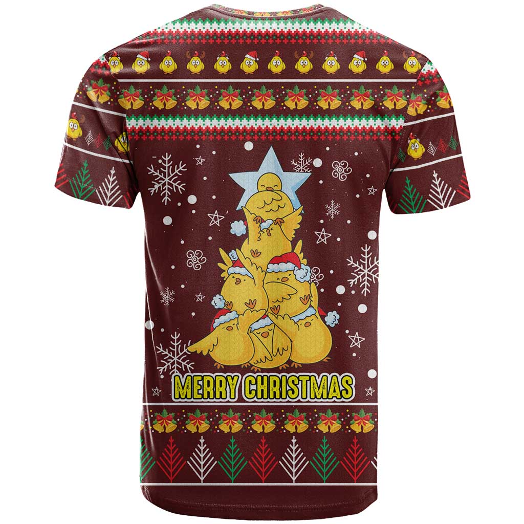 Merry Chickmas Christmas T Shirt with Yellow Chickens Tree Design and Snowflake Pattern - Wonder Print Shop