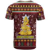 Merry Chickmas Christmas T Shirt with Yellow Chickens Tree Design and Snowflake Pattern - Wonder Print Shop