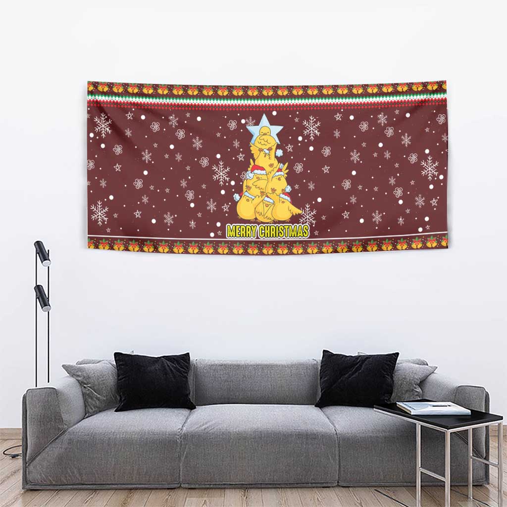 Merry Chickmas Christmas Tapestry with Yellow Chickens Tree Design and Snowflake Pattern - Wonder Print Shop