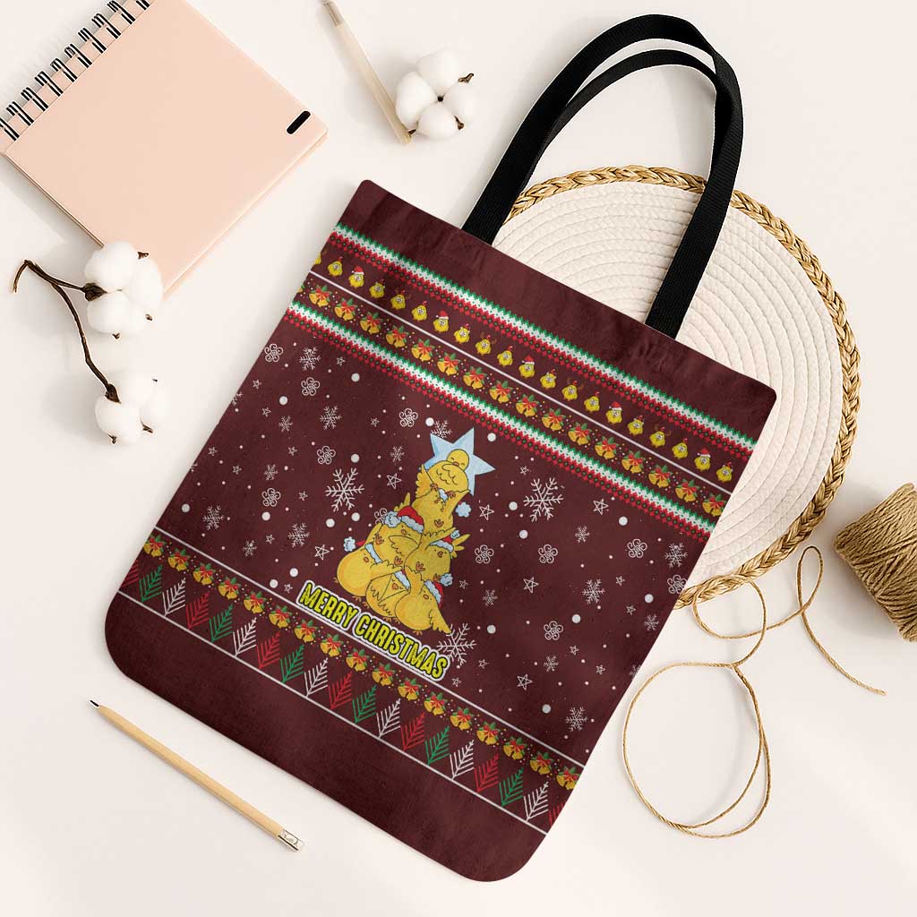 Merry Chickmas Christmas Tote Bag with Yellow Chickens Tree Design and Snowflake Pattern - Wonder Print Shop