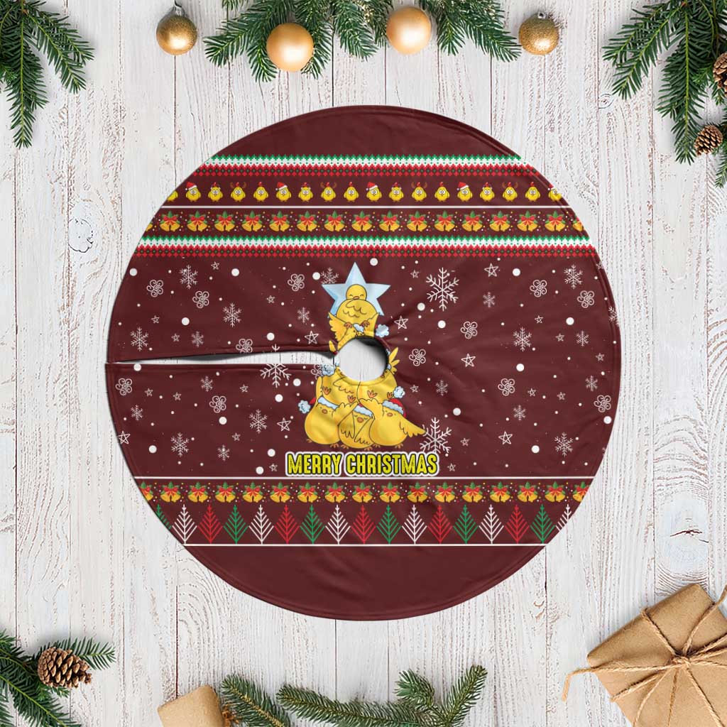 Merry Chickmas Christmas Tree Skirt with Yellow Chickens Tree Design and Snowflake Pattern - Wonder Print Shop