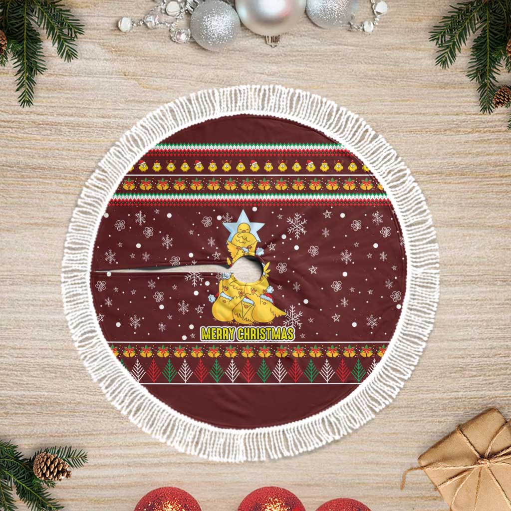 Merry Chickmas Christmas Tree Skirt with Yellow Chickens Tree Design and Snowflake Pattern - Wonder Print Shop
