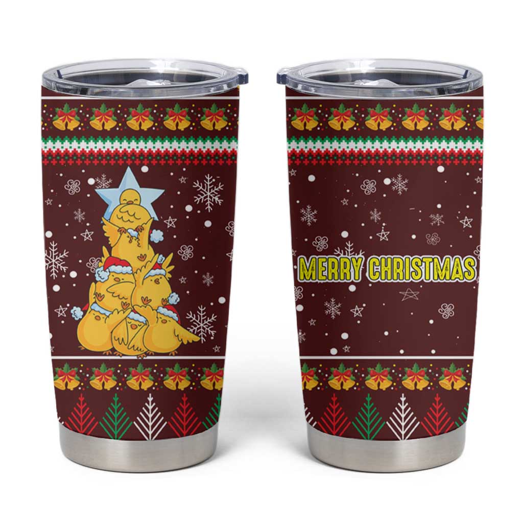 Merry Chickmas Christmas Tumbler Cup with Yellow Chickens Tree Design and Snowflake Pattern - Wonder Print Shop