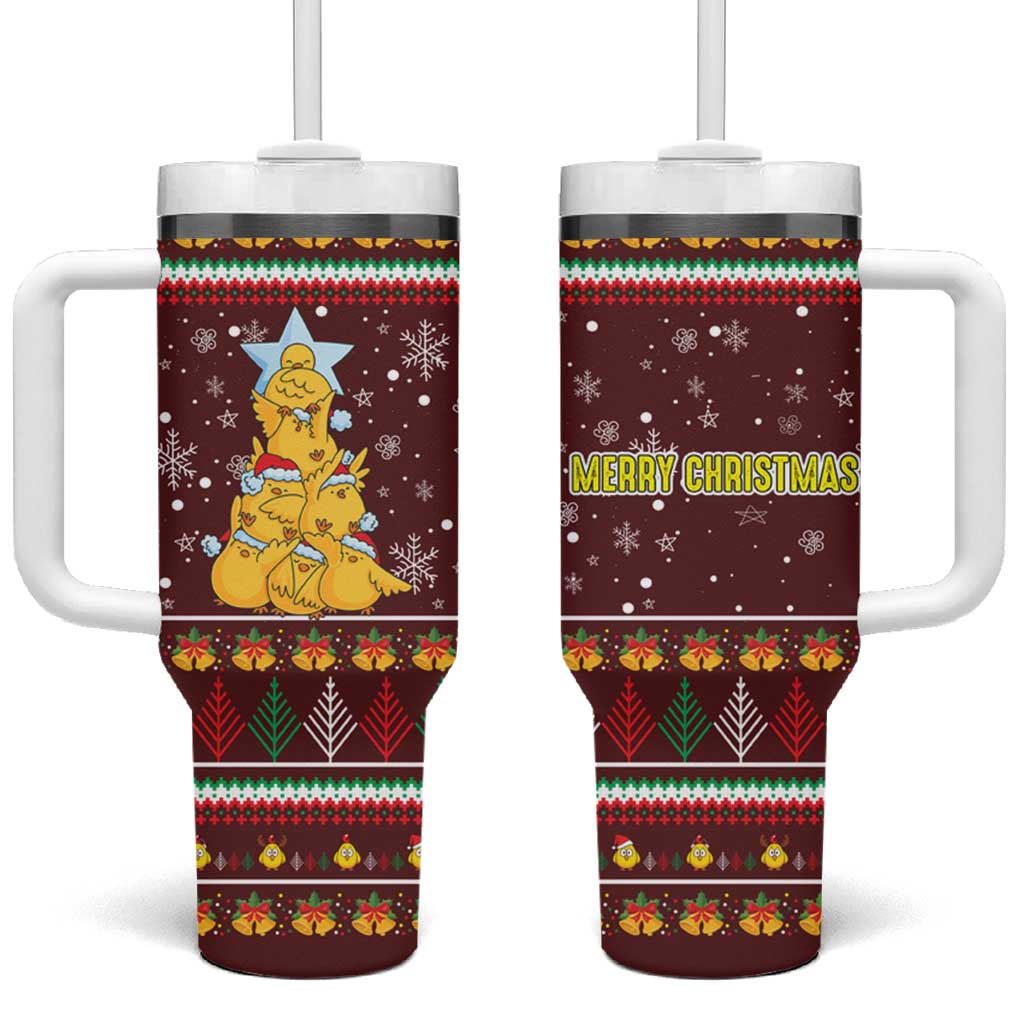 Merry Chickmas Christmas Tumbler With Handle with Yellow Chickens Tree Design and Snowflake Pattern - Wonder Print Shop