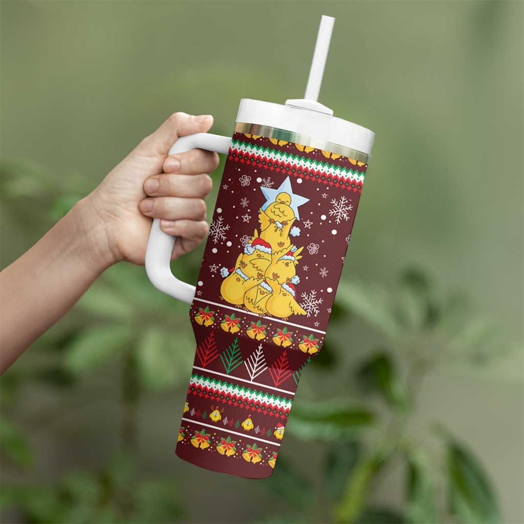 Merry Chickmas Christmas Tumbler With Handle with Yellow Chickens Tree Design and Snowflake Pattern - Wonder Print Shop