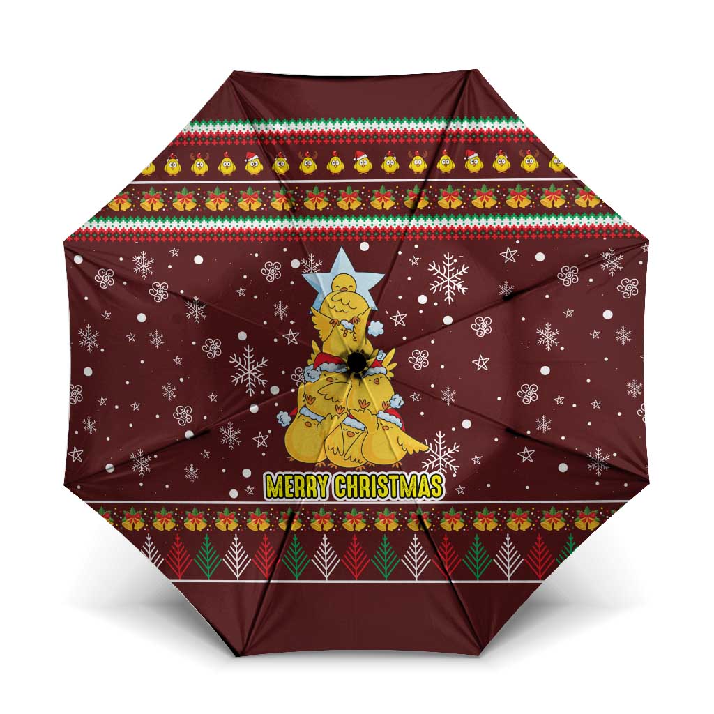 Merry Chickmas Christmas Umbrella with Yellow Chickens Tree Design and Snowflake Pattern - Wonder Print Shop