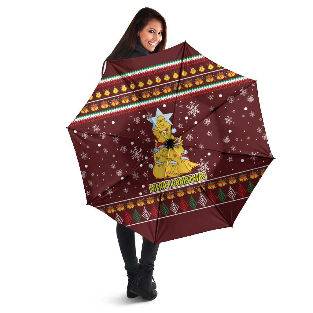 Merry Chickmas Christmas Umbrella with Yellow Chickens Tree Design and Snowflake Pattern - Wonder Print Shop