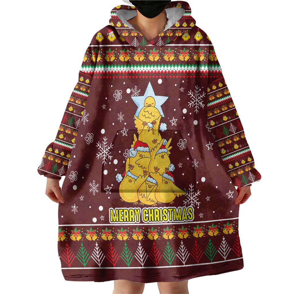 Merry Chickmas Christmas Wearable Blanket Hoodie with Yellow Chickens Tree Design and Snowflake Pattern - Wonder Print Shop