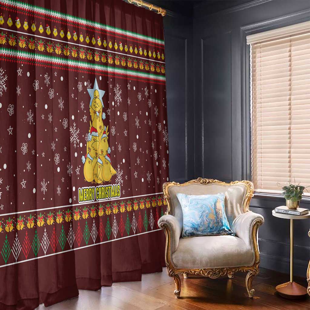 Merry Chickmas Christmas Window Curtain with Yellow Chickens Tree Design and Snowflake Pattern - Wonder Print Shop