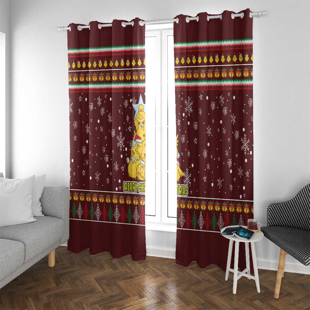 Merry Chickmas Christmas Window Curtain with Yellow Chickens Tree Design and Snowflake Pattern - Wonder Print Shop