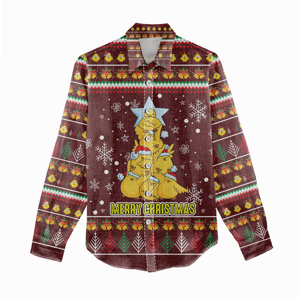 Merry Chickmas Christmas Women Casual Shirt with Yellow Chickens Tree Design and Snowflake Pattern - Wonder Print Shop