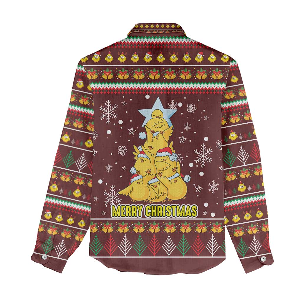 Merry Chickmas Christmas Women Casual Shirt with Yellow Chickens Tree Design and Snowflake Pattern - Wonder Print Shop