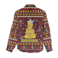 Merry Chickmas Christmas Women Casual Shirt with Yellow Chickens Tree Design and Snowflake Pattern - Wonder Print Shop