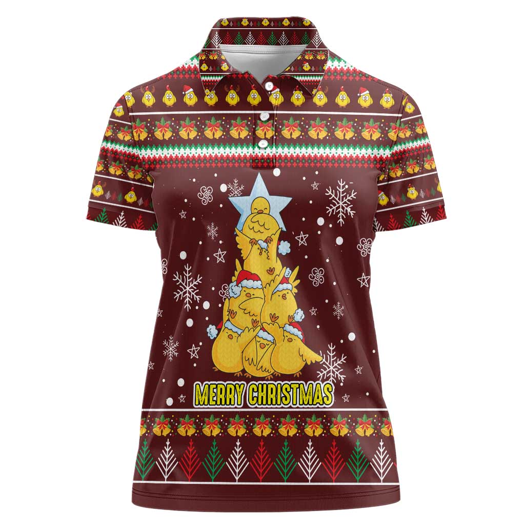 Merry Chickmas Christmas Women Polo Shirt with Yellow Chickens Tree Design and Snowflake Pattern - Wonder Print Shop