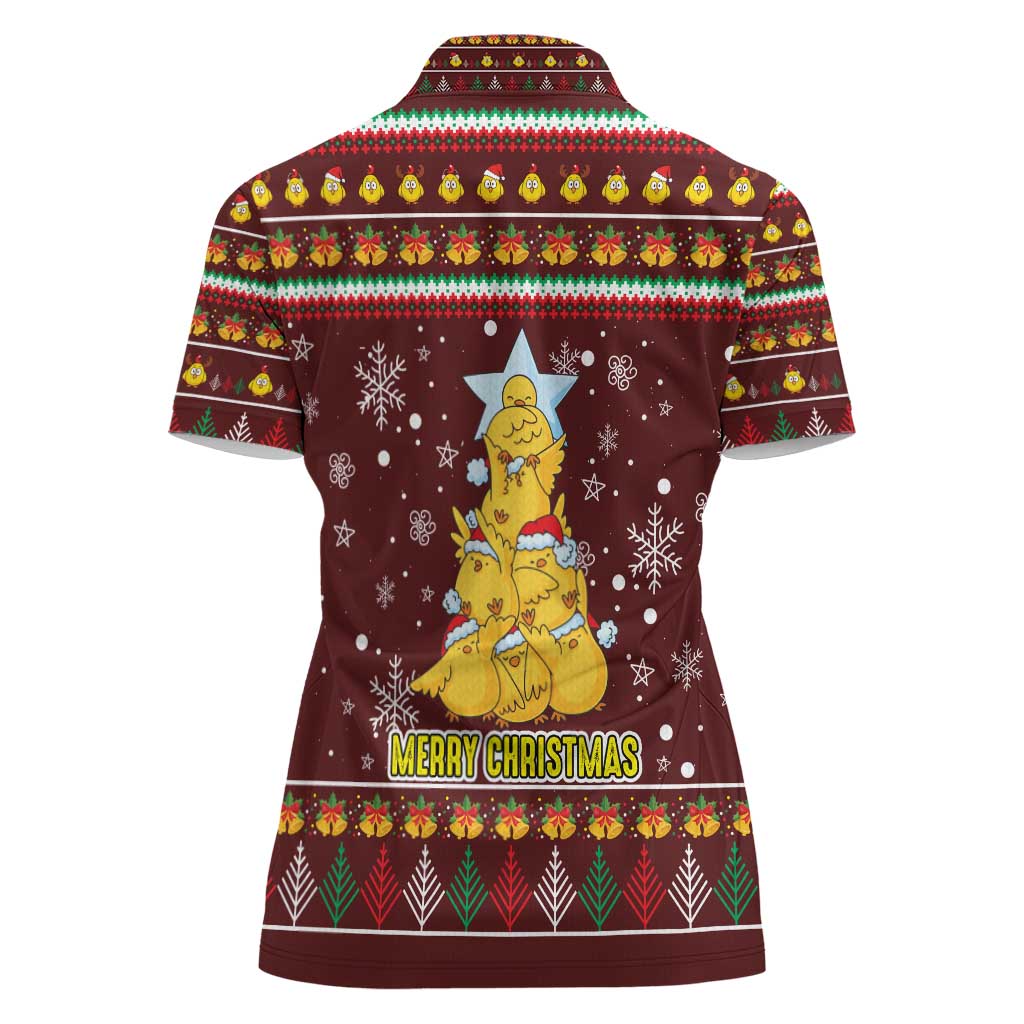 Merry Chickmas Christmas Women Polo Shirt with Yellow Chickens Tree Design and Snowflake Pattern - Wonder Print Shop