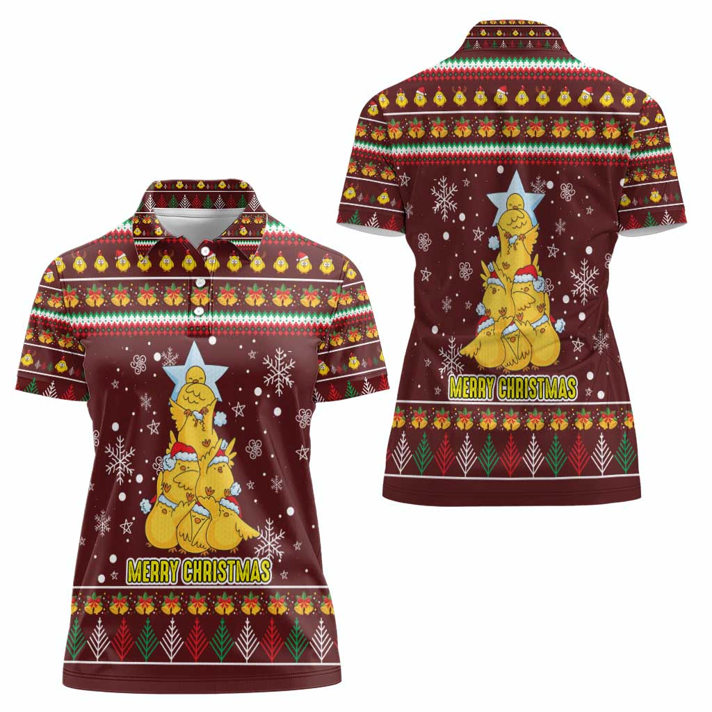 Merry Chickmas Christmas Women Polo Shirt with Yellow Chickens Tree Design and Snowflake Pattern - Wonder Print Shop