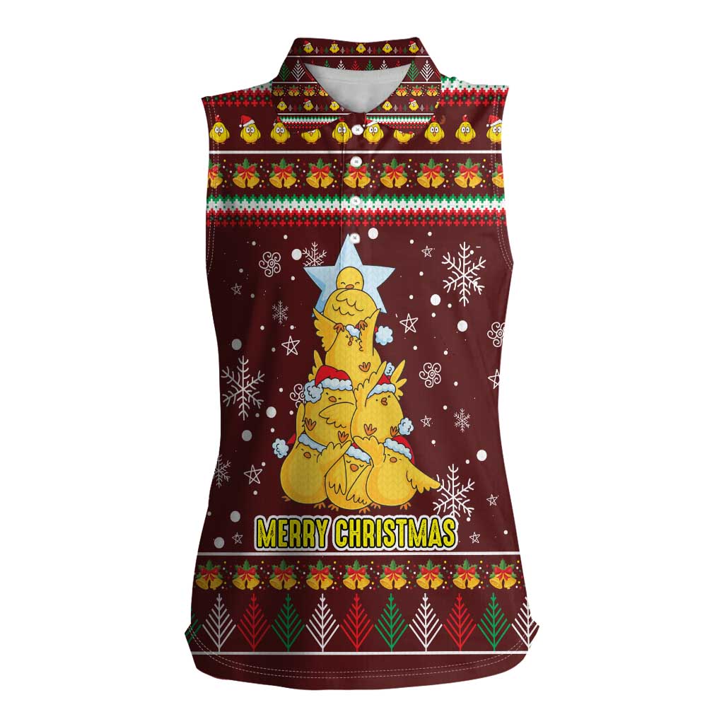 Merry Chickmas Christmas Women Sleeveless Polo Shirt with Yellow Chickens Tree Design and Snowflake Pattern - Wonder Print Shop
