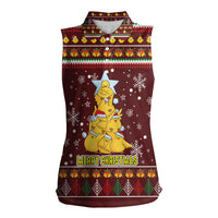 Merry Chickmas Christmas Women Sleeveless Polo Shirt with Yellow Chickens Tree Design and Snowflake Pattern - Wonder Print Shop