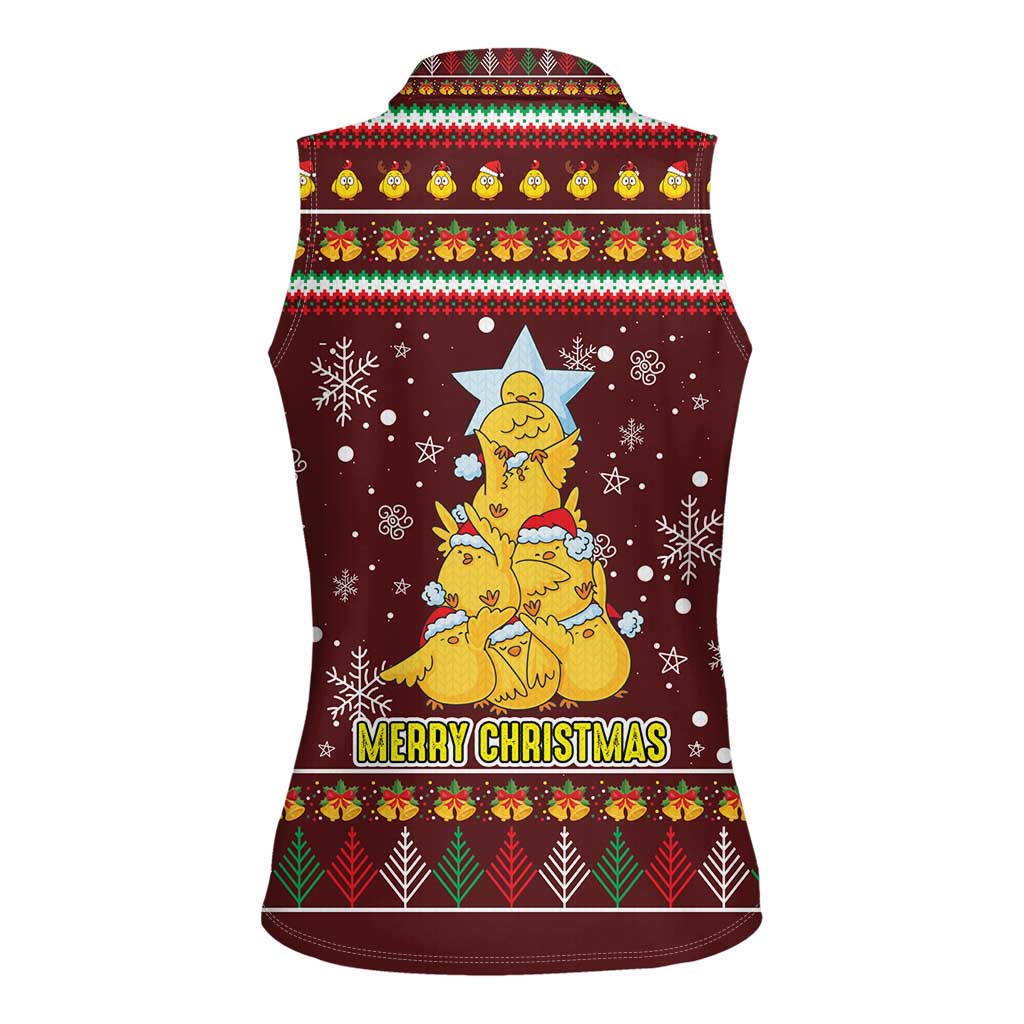 Merry Chickmas Christmas Women Sleeveless Polo Shirt with Yellow Chickens Tree Design and Snowflake Pattern - Wonder Print Shop