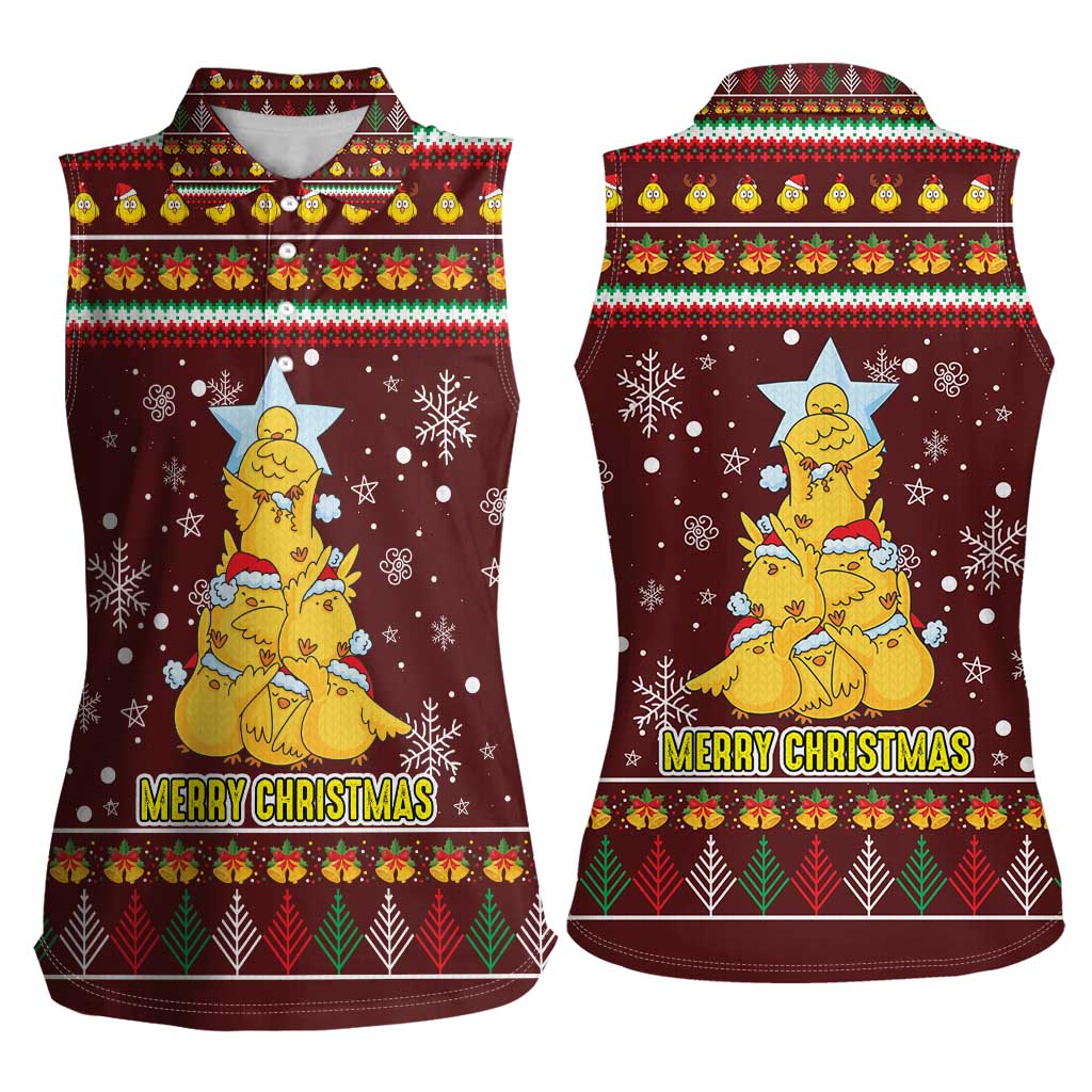 Merry Chickmas Christmas Women Sleeveless Polo Shirt with Yellow Chickens Tree Design and Snowflake Pattern - Wonder Print Shop