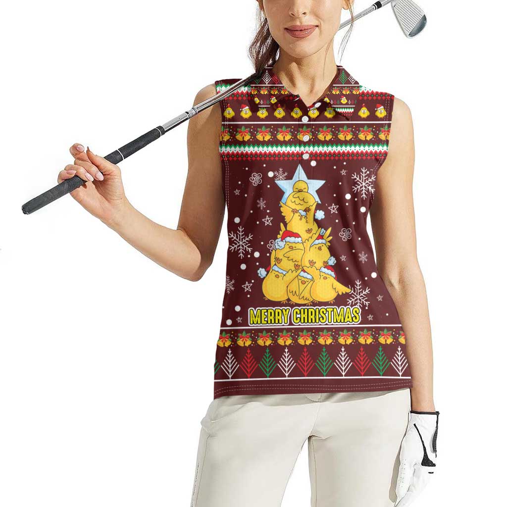 Merry Chickmas Christmas Women Sleeveless Polo Shirt with Yellow Chickens Tree Design and Snowflake Pattern - Wonder Print Shop