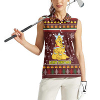 Merry Chickmas Christmas Women Sleeveless Polo Shirt with Yellow Chickens Tree Design and Snowflake Pattern - Wonder Print Shop