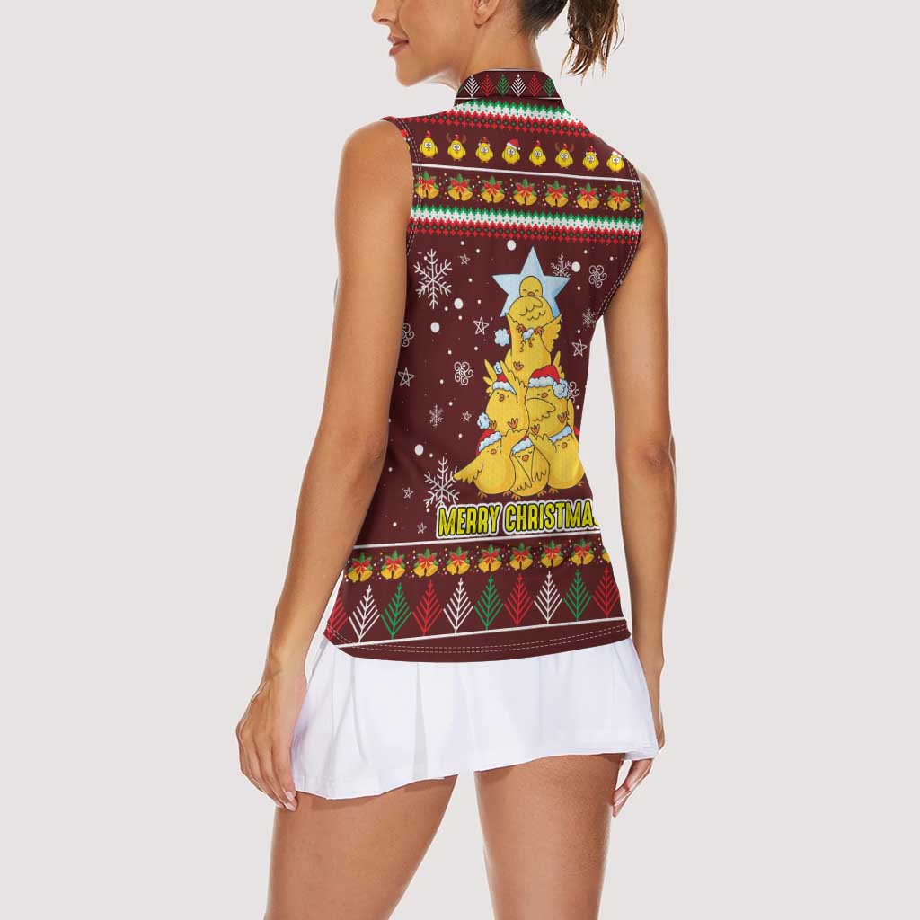 Merry Chickmas Christmas Women Sleeveless Polo Shirt with Yellow Chickens Tree Design and Snowflake Pattern - Wonder Print Shop