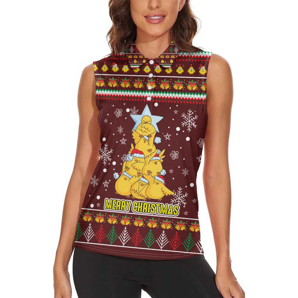 Merry Chickmas Christmas Women Sleeveless Polo Shirt with Yellow Chickens Tree Design and Snowflake Pattern - Wonder Print Shop