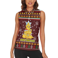 Merry Chickmas Christmas Women Sleeveless Polo Shirt with Yellow Chickens Tree Design and Snowflake Pattern - Wonder Print Shop