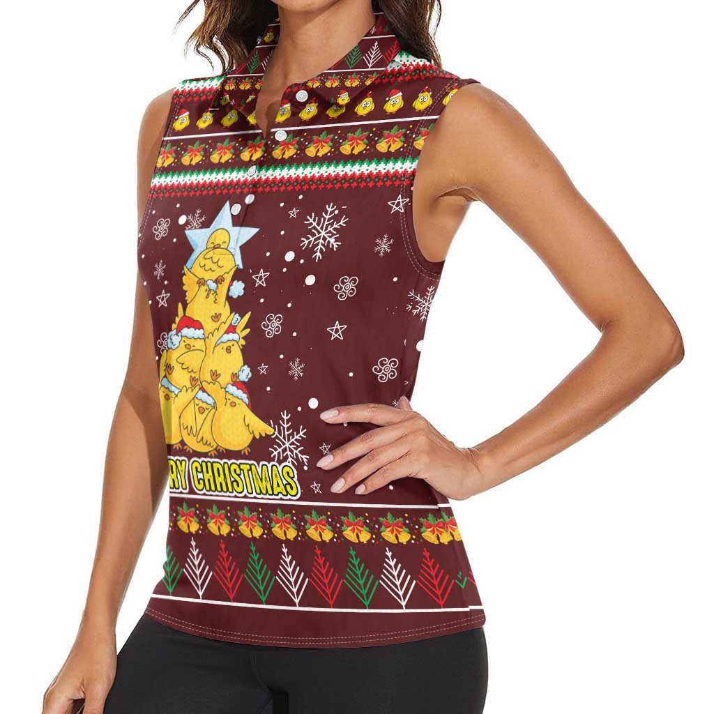 Merry Chickmas Christmas Women Sleeveless Polo Shirt with Yellow Chickens Tree Design and Snowflake Pattern - Wonder Print Shop